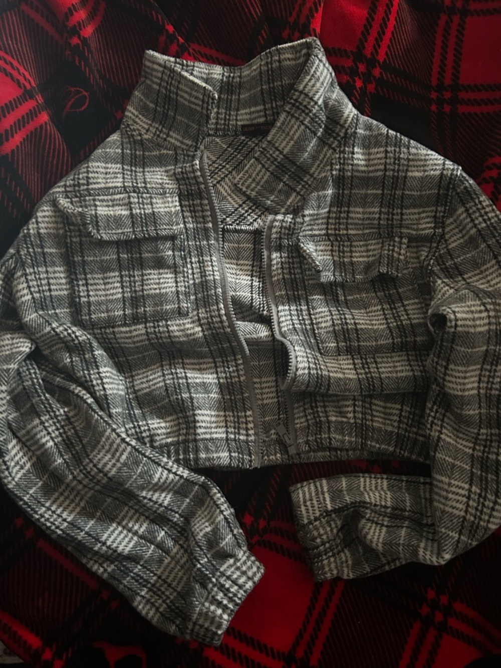 Gray Plaid Cropped Zip-Up Women's Sweater